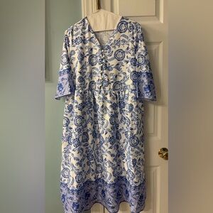 Blue Floral V-Neck Long Sleeve Dress